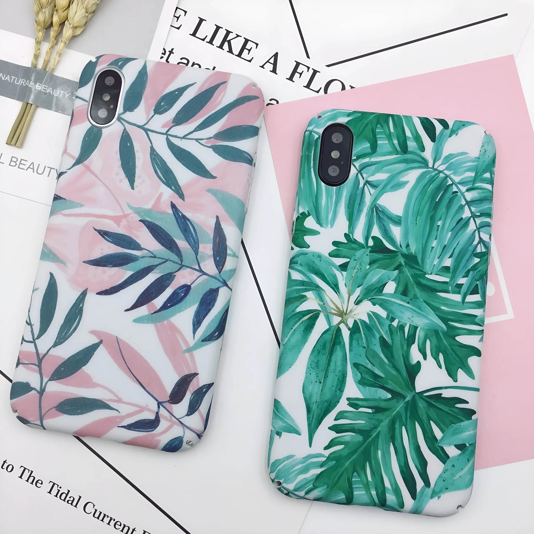Green and pink painted hard PC back cover phone cases for iPhone, OPPO, and VIVO models.