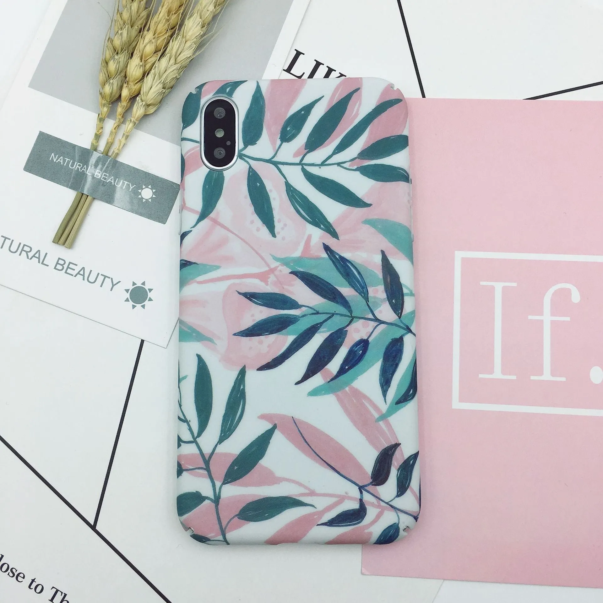 Green and pink painted hard PC back cover phone cases for iPhone, OPPO, and VIVO models.