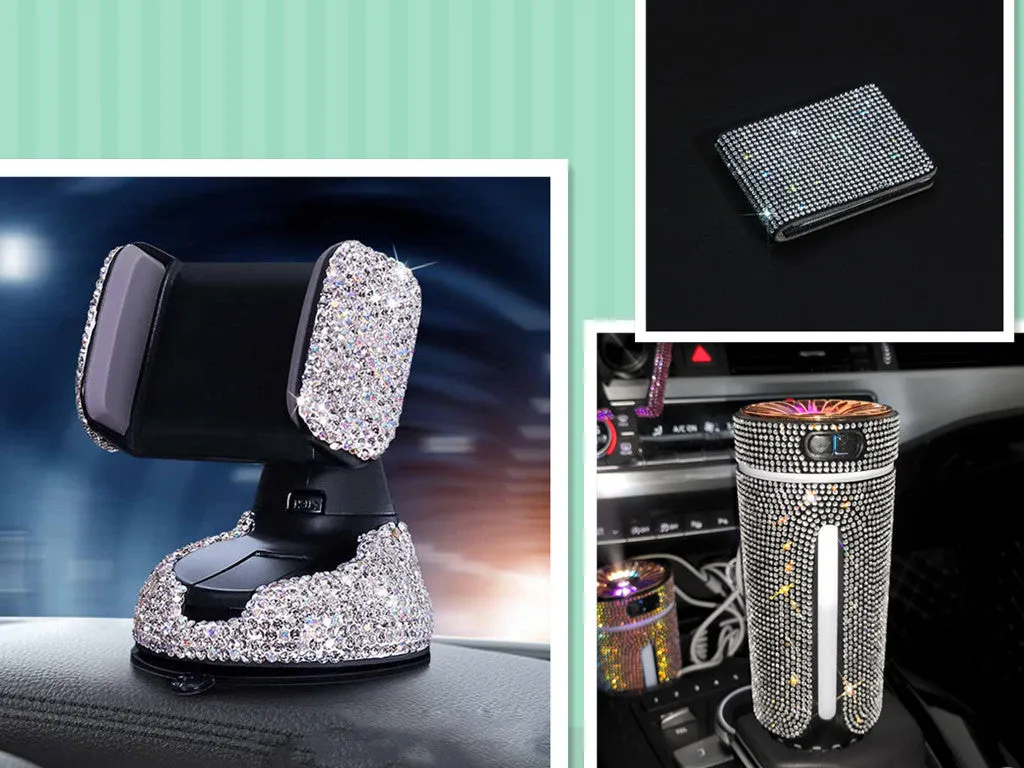 Car phone holder with diamond decoration mounted on air vent, compatible with smartphones 4.0-6.2 inches