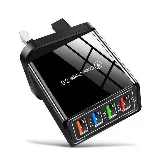 Four-port USB wall charger with UK three-pin plug in black and white colour scheme