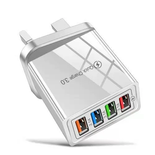 Four-port USB wall charger with UK three-pin plug in black and white colour scheme