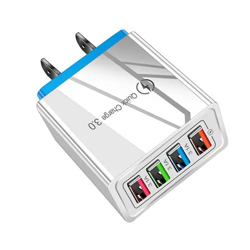 Four-port USB wall charger with UK three-pin plug in black and white colour scheme