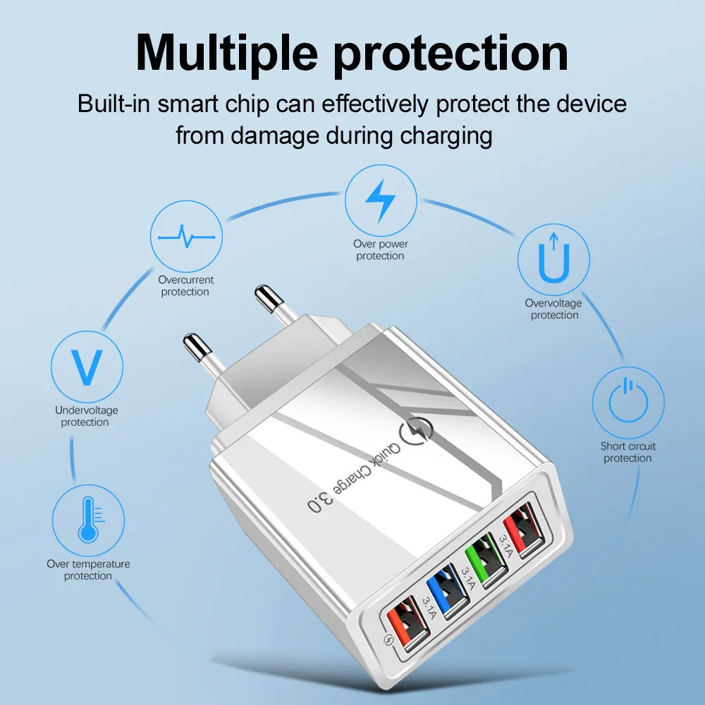 Four-port USB wall charger with UK three-pin plug in black and white colour scheme
