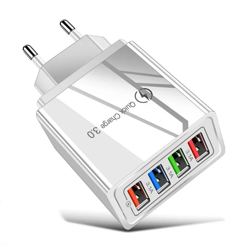 Four-port USB wall charger with UK three-pin plug in black and white colour scheme
