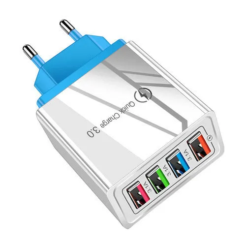 Four-port USB wall charger with UK three-pin plug in black and white colour scheme