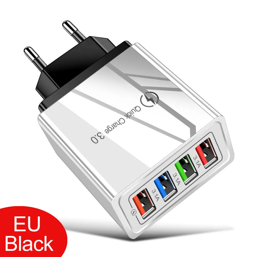 Four-port USB wall charger with UK three-pin plug in black and white colour scheme