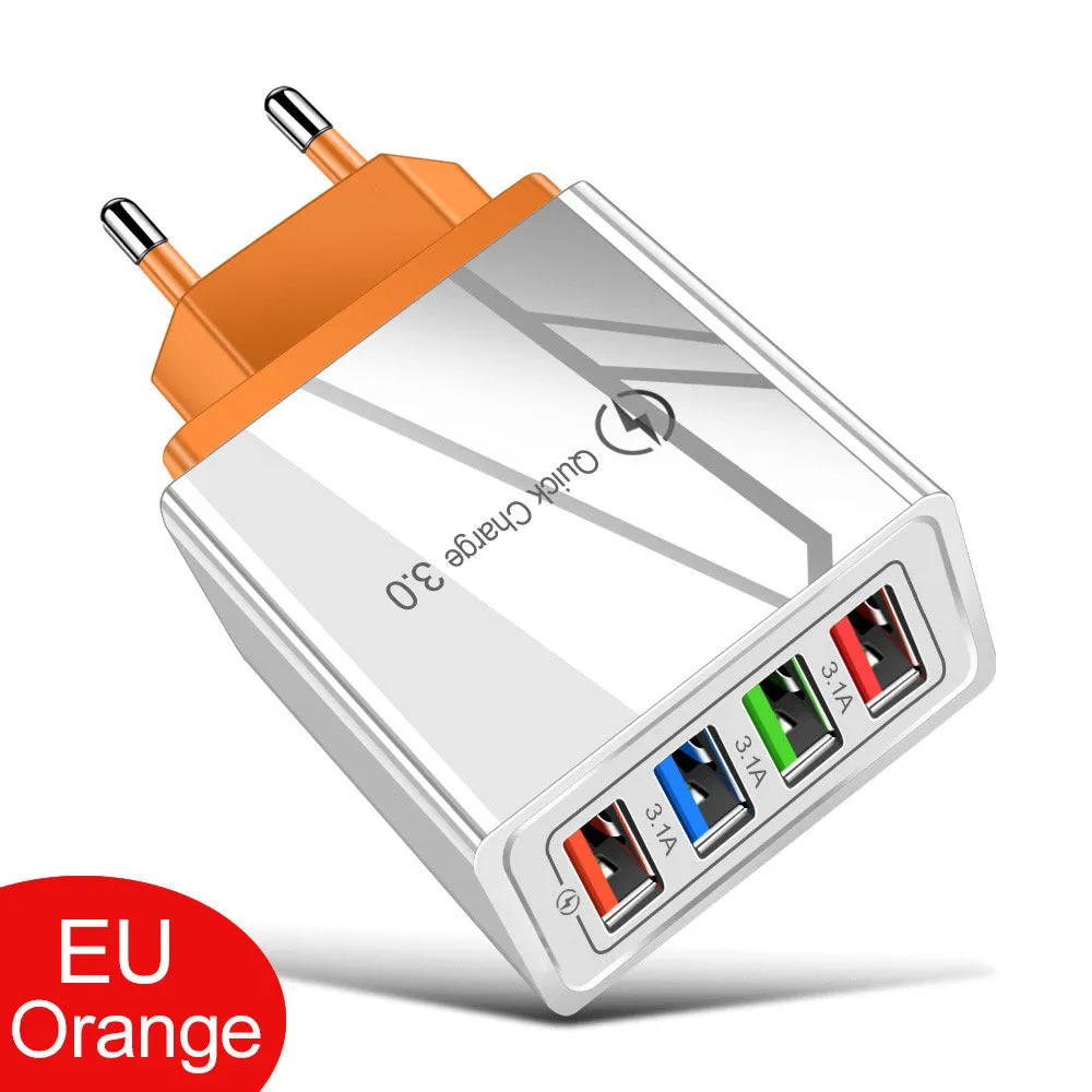 Four-port USB wall charger with UK three-pin plug in black and white colour scheme