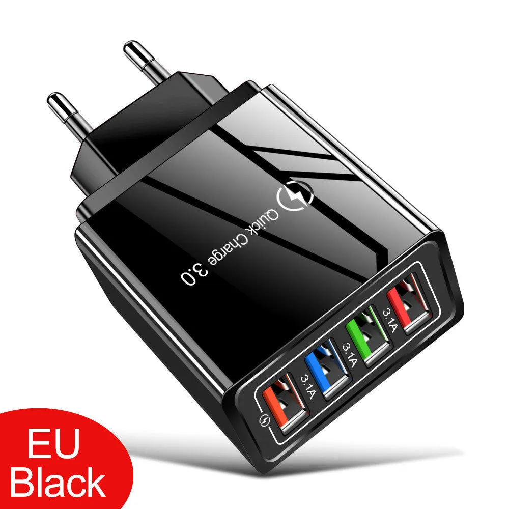 Four-port USB wall charger with UK three-pin plug in black and white colour scheme