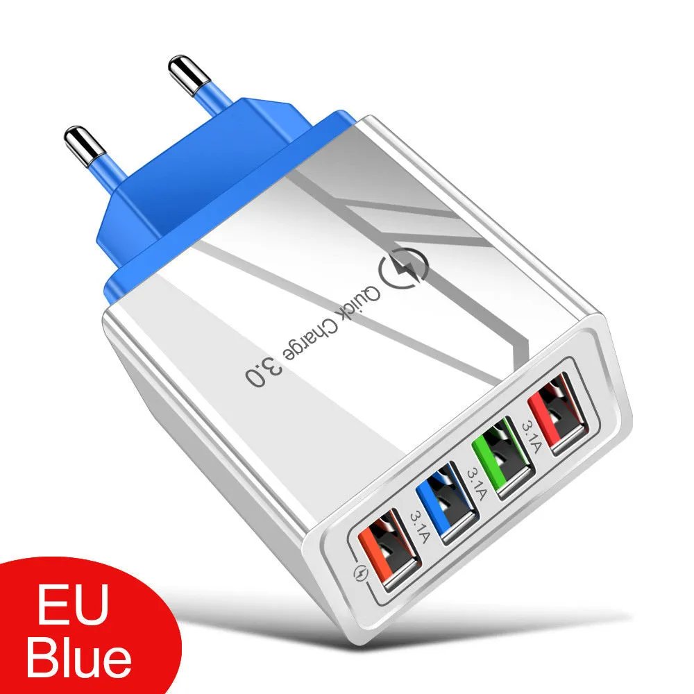 Four-port USB wall charger with UK three-pin plug in black and white colour scheme