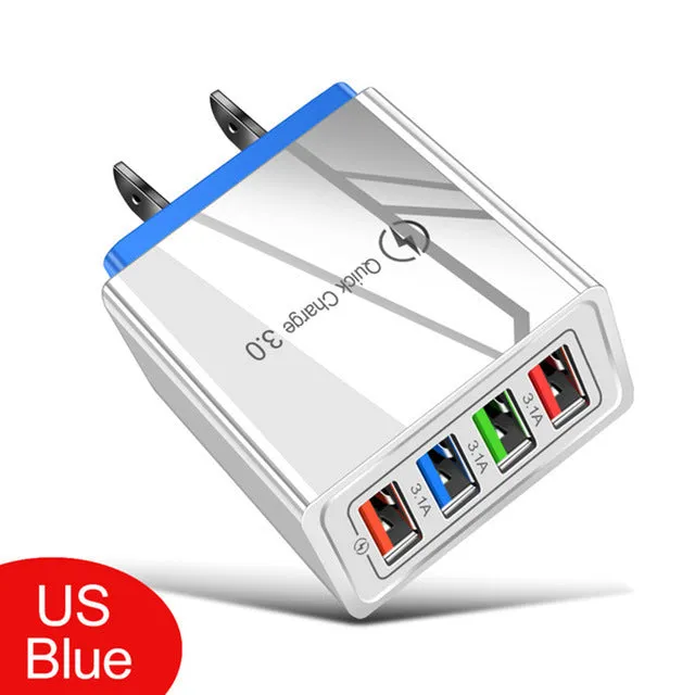 Four-port USB wall charger with UK three-pin plug in black and white colour scheme