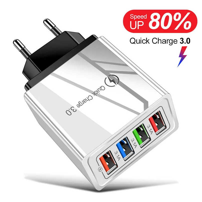 Four-port USB wall charger with UK three-pin plug in black and white colour scheme
