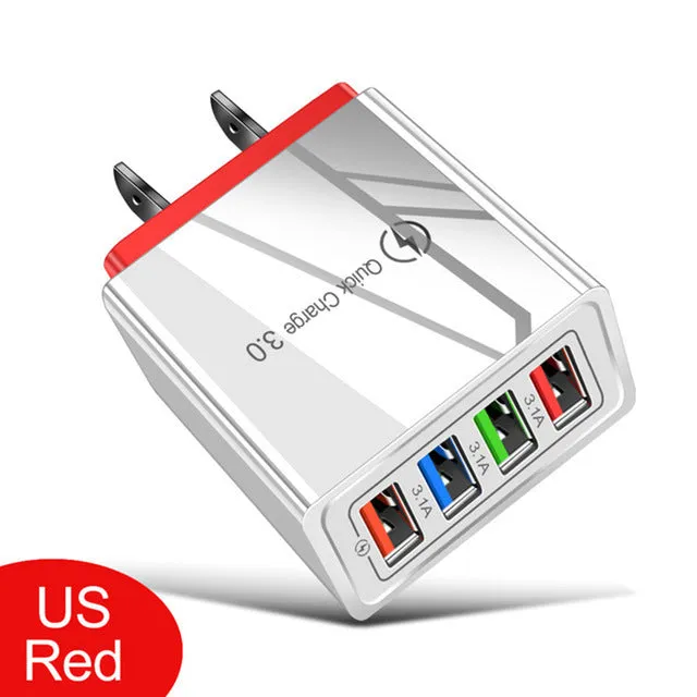 Four-port USB wall charger with UK three-pin plug in black and white colour scheme