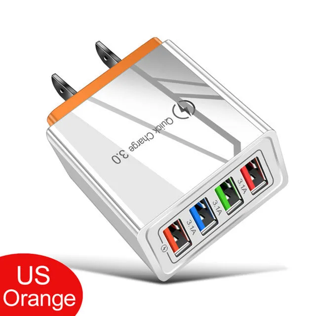 Four-port USB wall charger with UK three-pin plug in black and white colour scheme