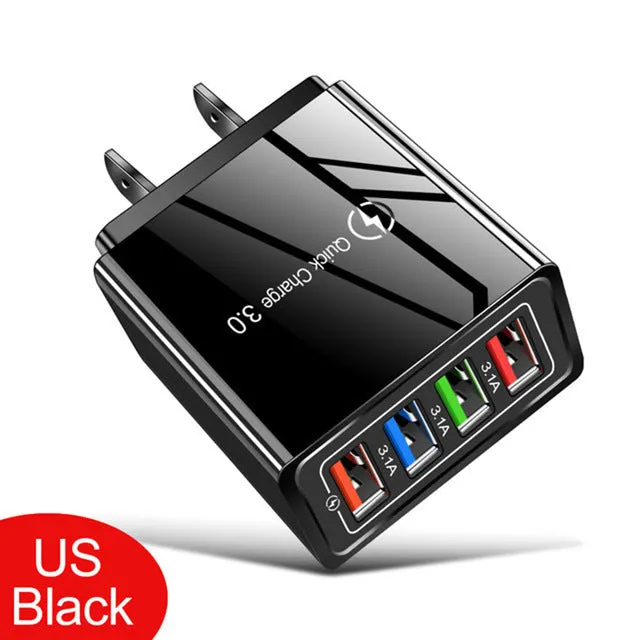 Four-port USB wall charger with UK three-pin plug in black and white colour scheme