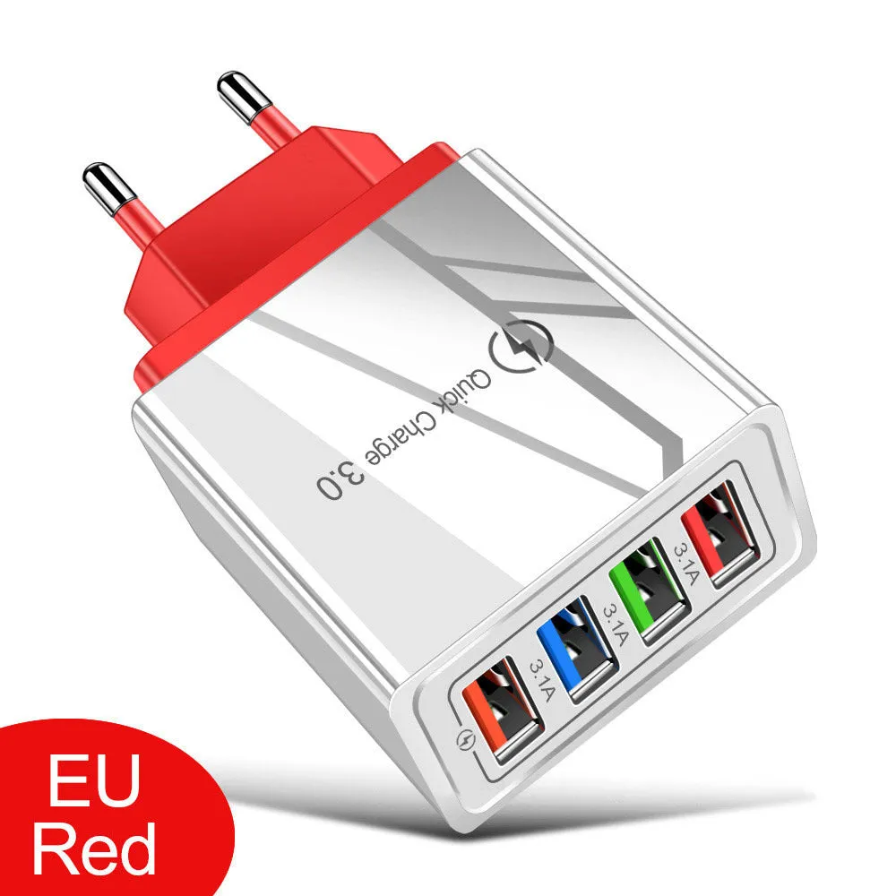 Four-port USB wall charger with UK three-pin plug in black and white colour scheme
