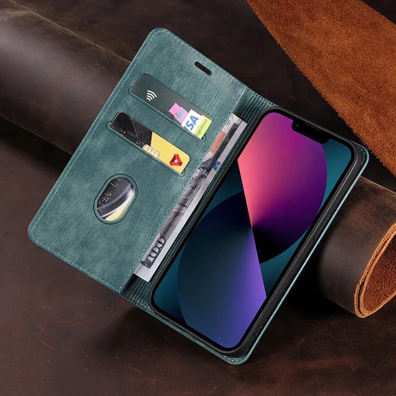 Magnetic flip leather phone case for iPhone in various solid colours showing front closure.