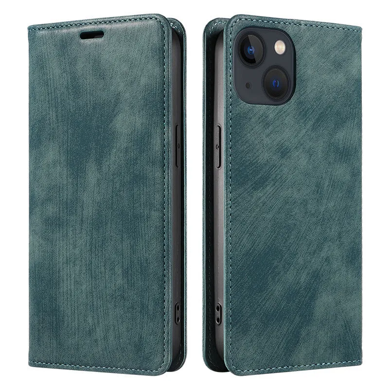 Magnetic flip leather phone case for iPhone in various solid colours showing front closure.