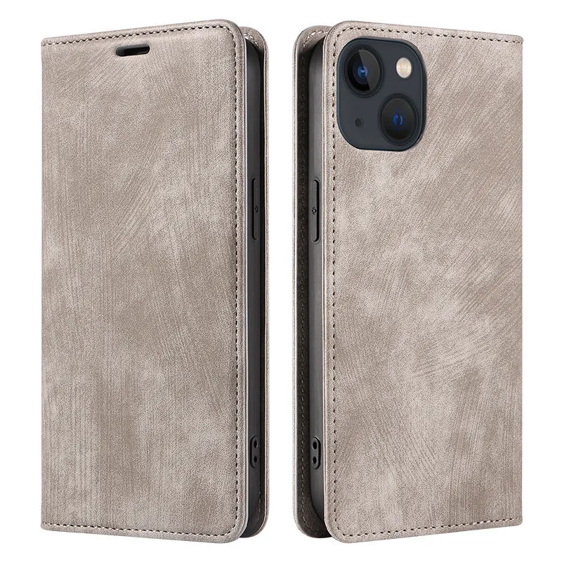 Magnetic flip leather phone case for iPhone in various solid colours showing front closure.