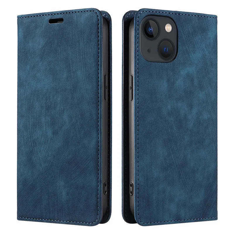 Magnetic flip leather phone case for iPhone in various solid colours showing front closure.