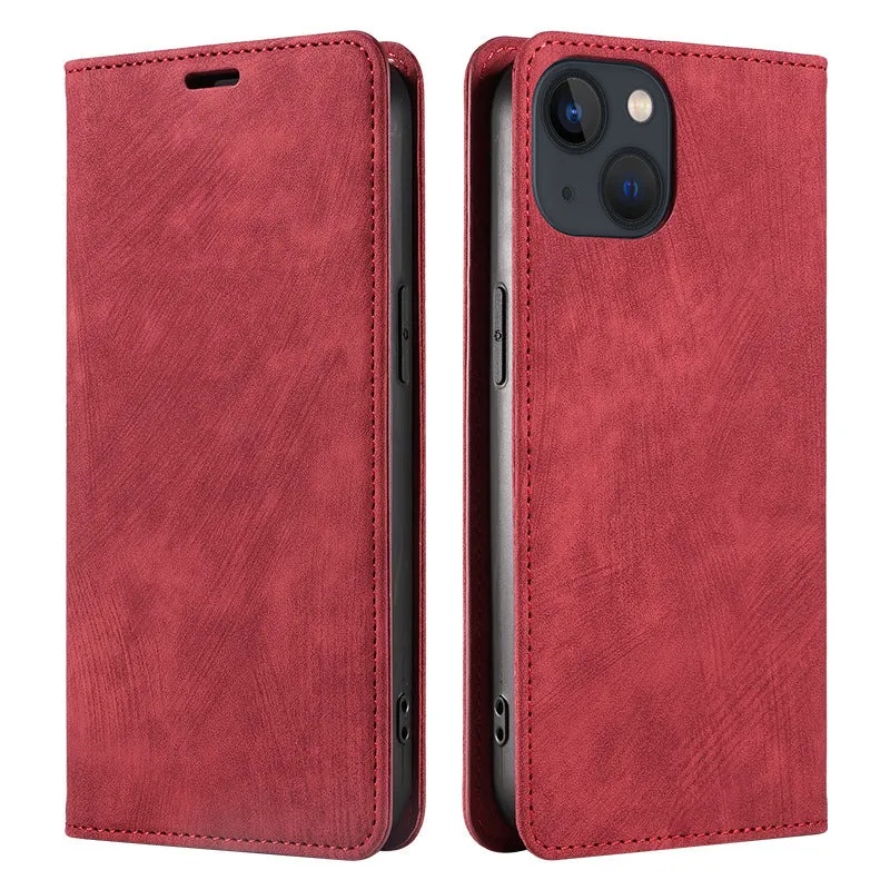 Magnetic flip leather phone case for iPhone in various solid colours showing front closure.