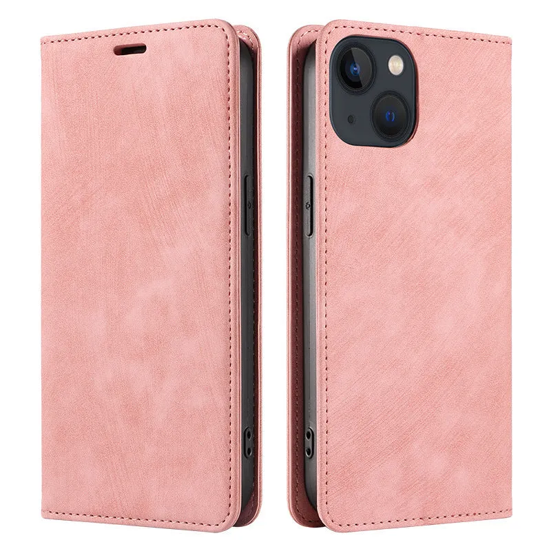 Magnetic flip leather phone case for iPhone in various solid colours showing front closure.