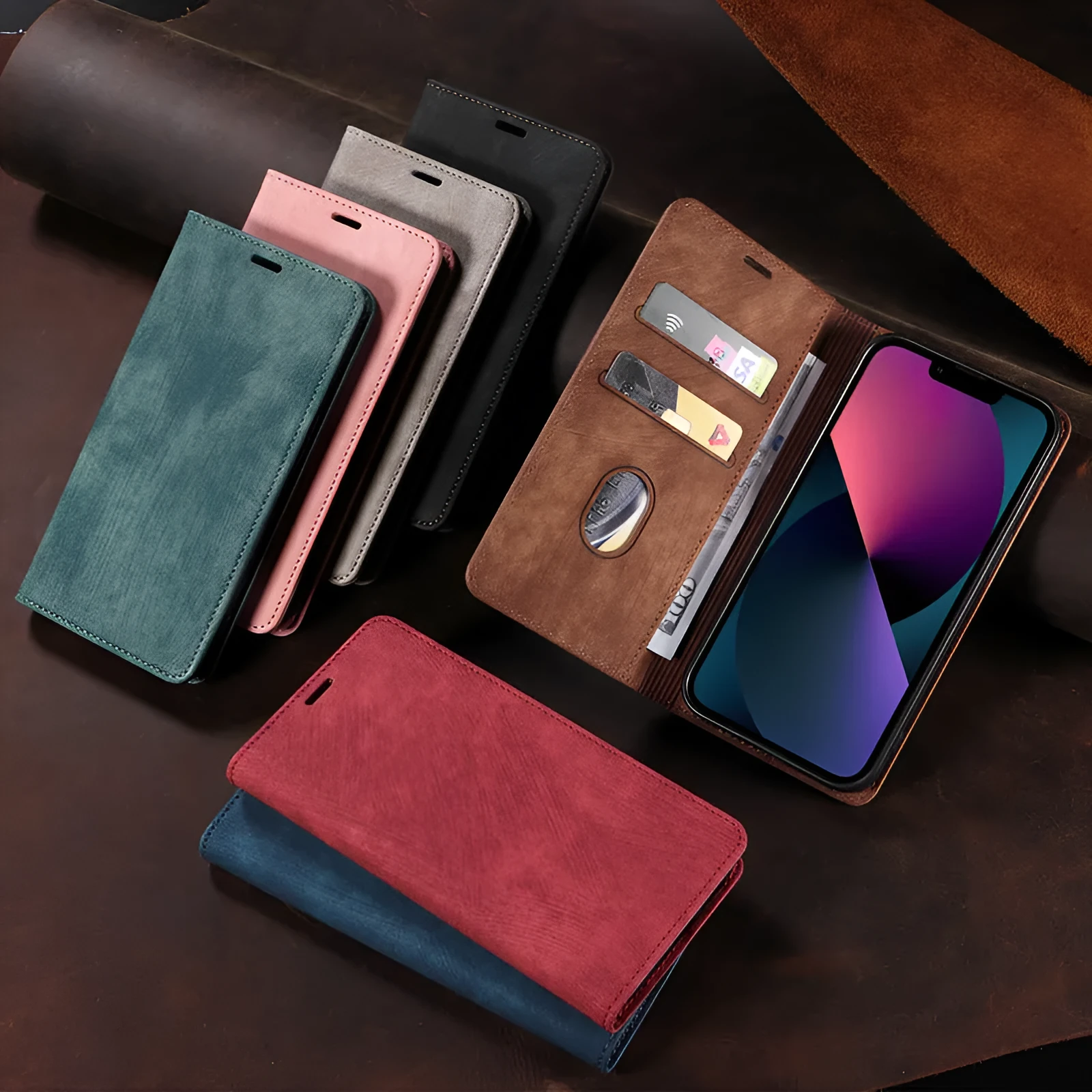 Magnetic flip leather phone case for iPhone in various solid colours showing front closure.