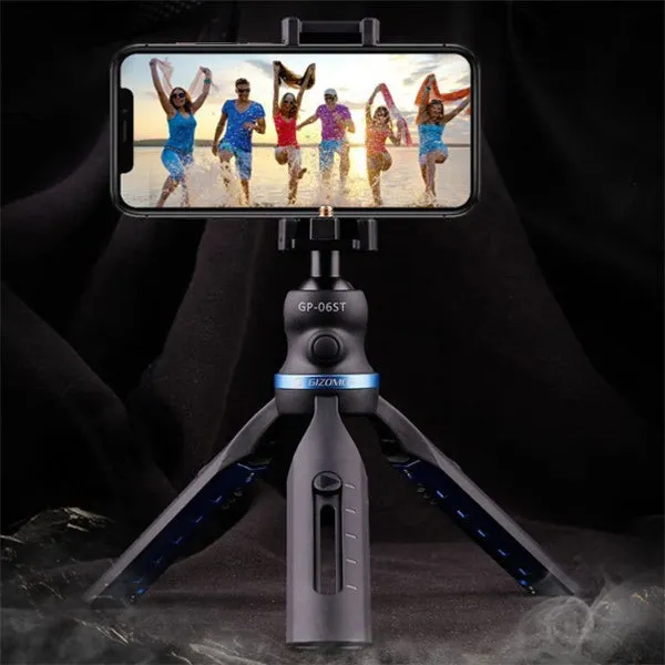 Black desktop mobile phone tripod stand with aluminium alloy legs and a plastic lazy bracket holder.