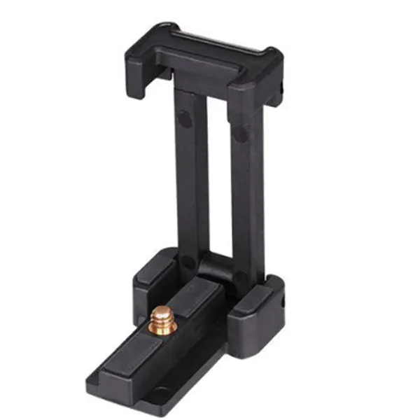 Black desktop mobile phone tripod stand with aluminium alloy legs and a plastic lazy bracket holder.