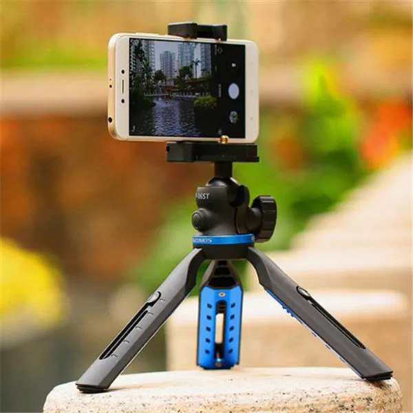 Black desktop mobile phone tripod stand with aluminium alloy legs and a plastic lazy bracket holder.