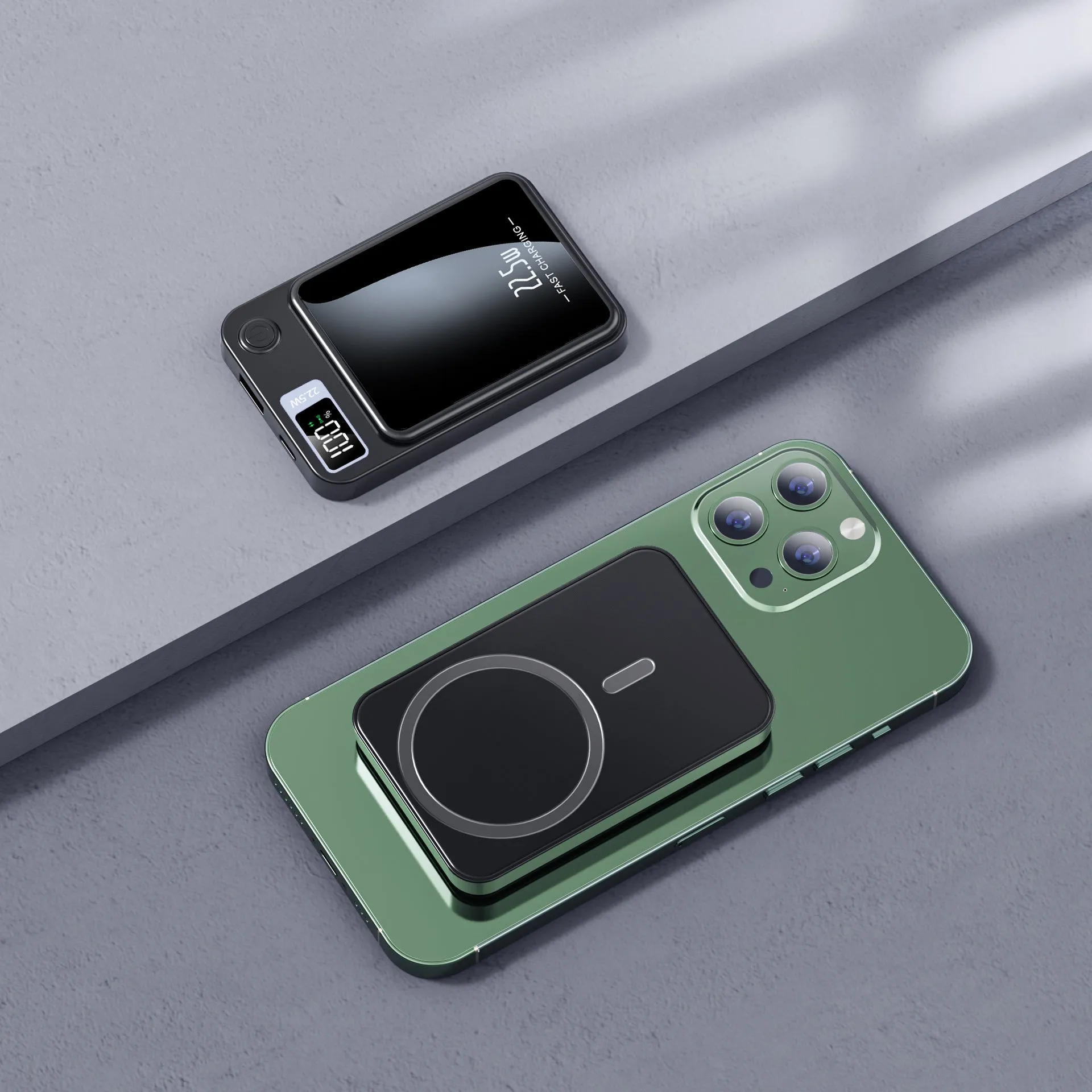 Wireless power bank in industrial style plastic design showing Magsafe charging surface