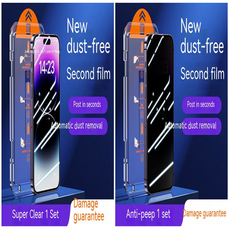 Two-pack iPhone tempered glass screen protector showing HD and privacy peep-proof options with dustproof net.
