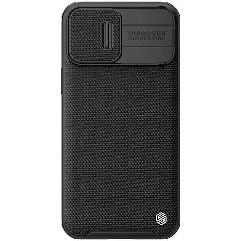 Black textured sliding phone case for Apple iPhone 13 Pro Max, shown from the back.