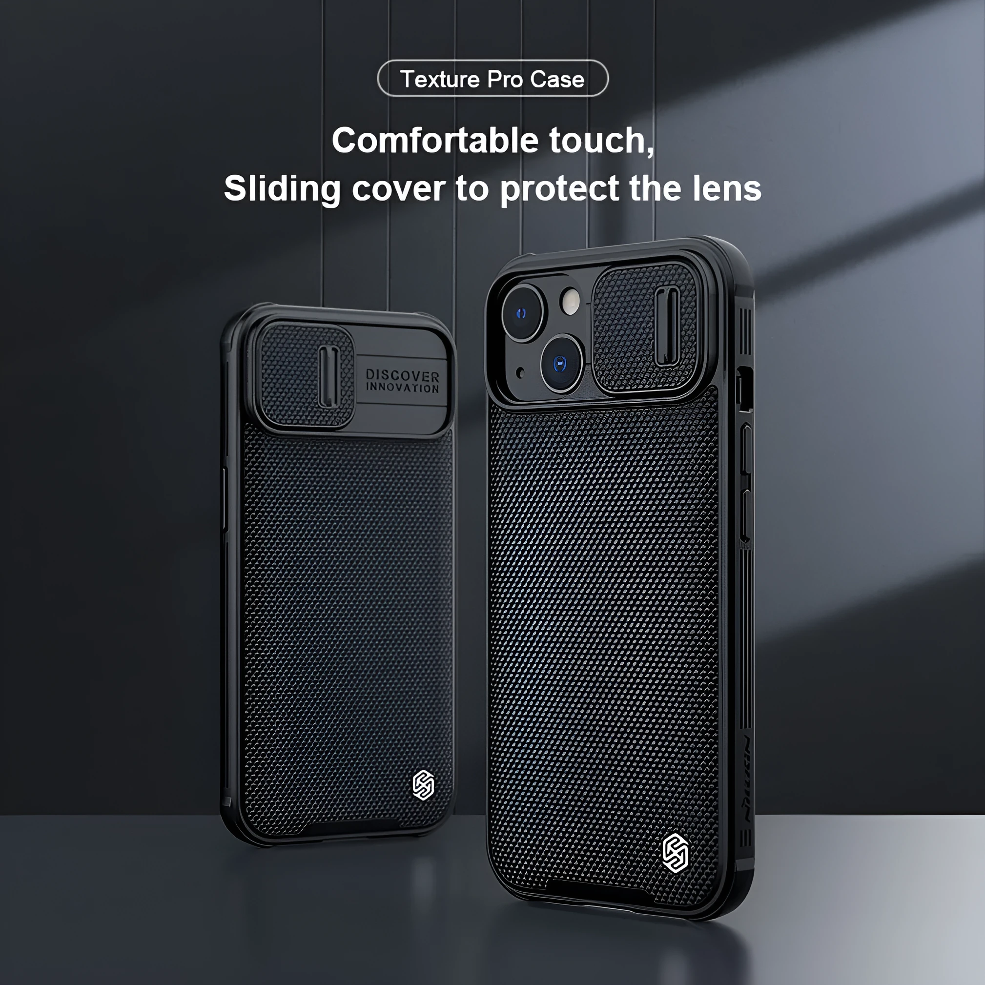Black textured sliding phone case for Apple iPhone 13 Pro Max, shown from the back.