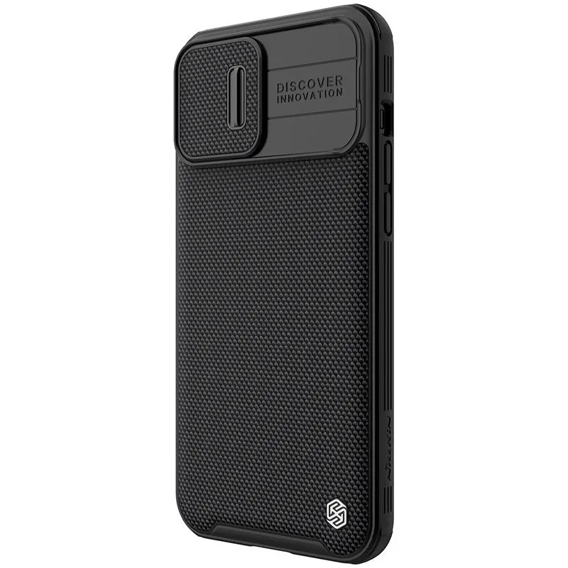 Black textured sliding phone case for Apple iPhone 13 Pro Max, shown from the back.