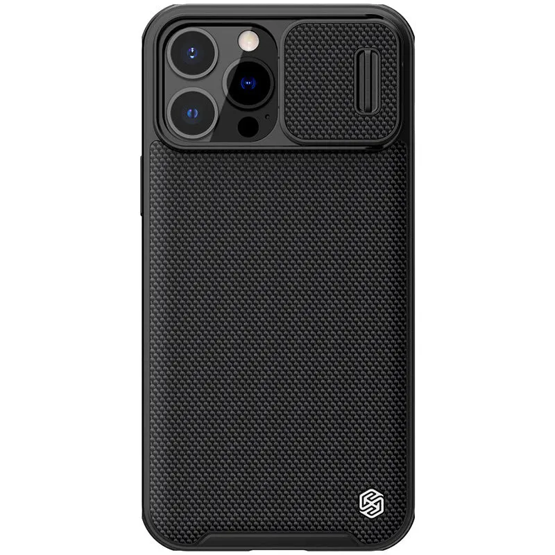 Black textured sliding phone case for Apple iPhone 13 Pro Max, shown from the back.