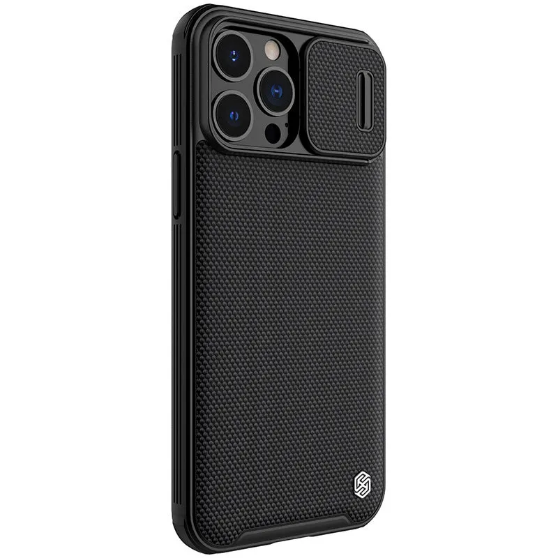 Black textured sliding phone case for Apple iPhone 13 Pro Max, shown from the back.