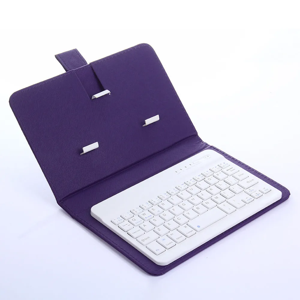 Black Bluetooth keyboard inside a leather holster case for mobile phones, shown with phone stand function engaged.