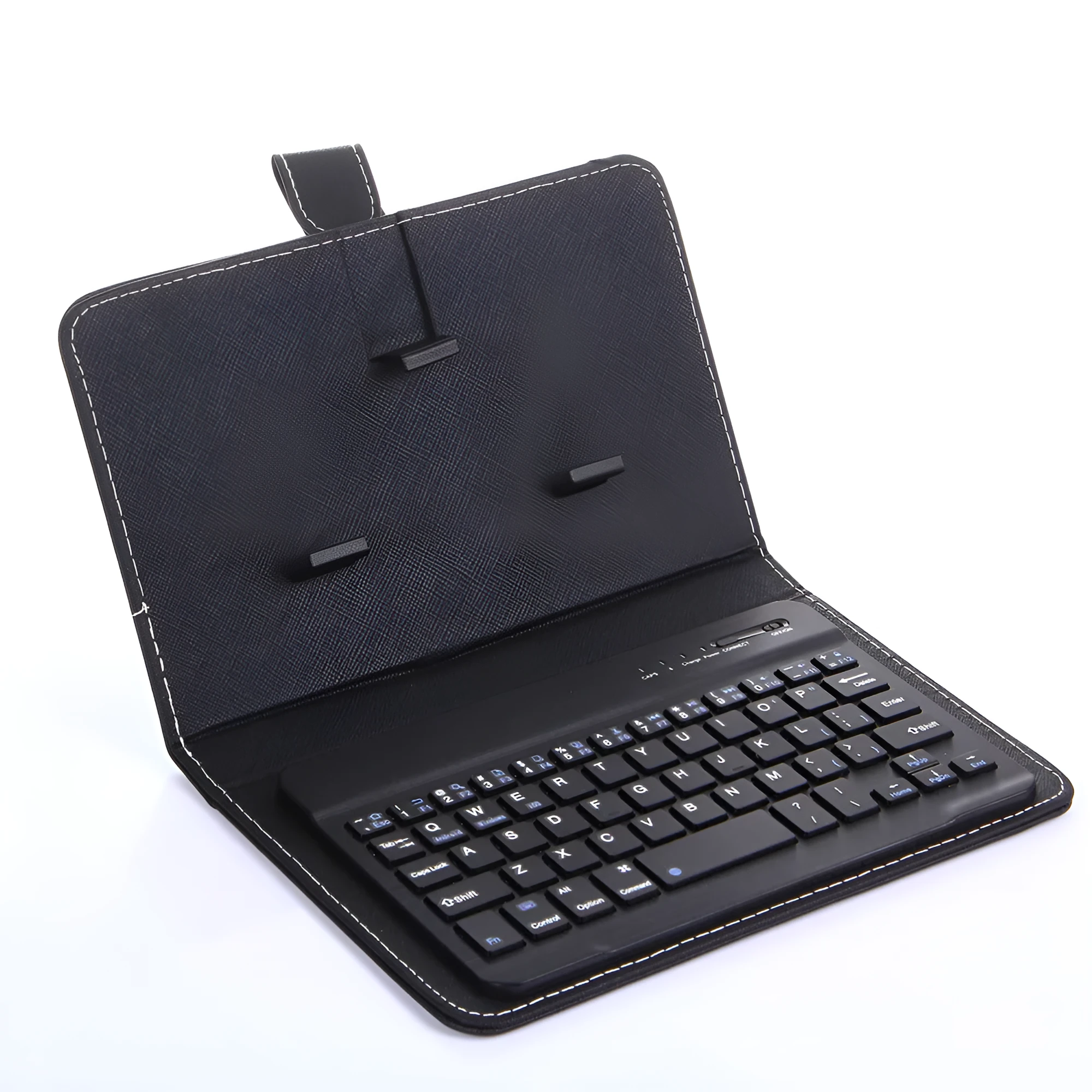 Black Bluetooth keyboard inside a leather holster case for mobile phones, shown with phone stand function engaged.