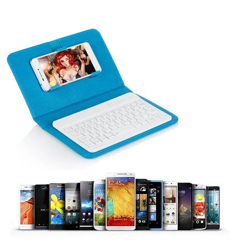 Black Bluetooth keyboard inside a leather holster case for mobile phones, shown with phone stand function engaged.