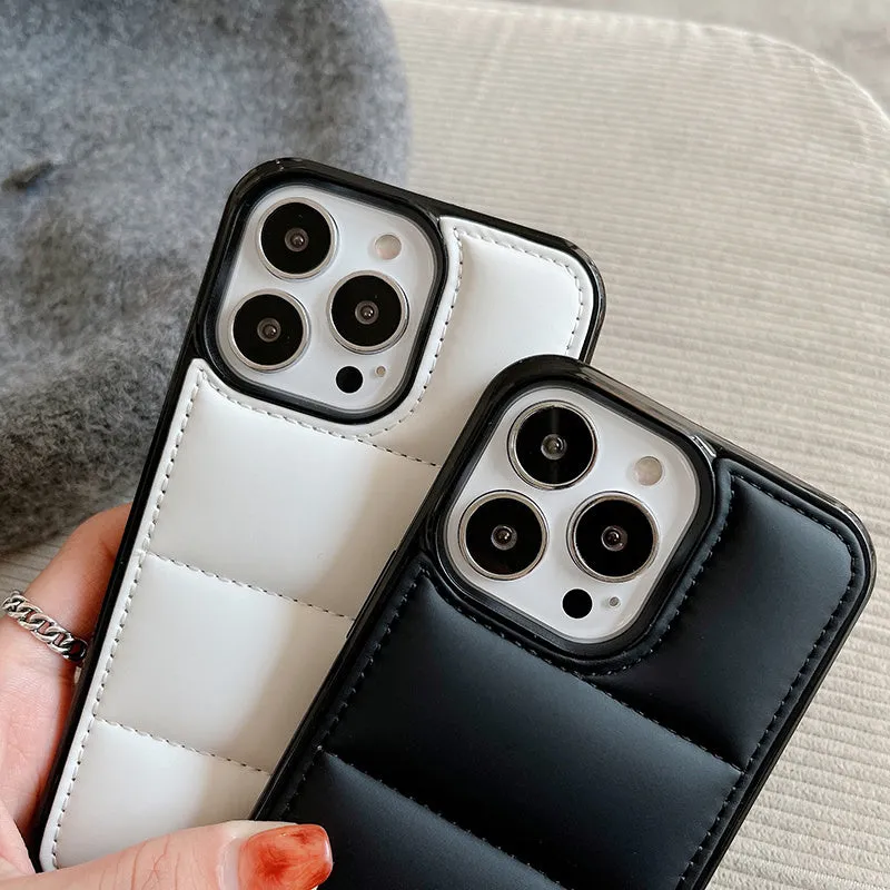 Candy Down Jacket shaped solid colour iPhone case in black, white, rose red, and green.