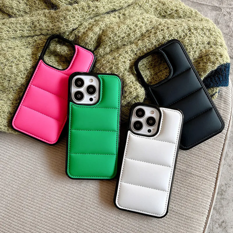 Candy Down Jacket shaped solid colour iPhone case in black, white, rose red, and green.
