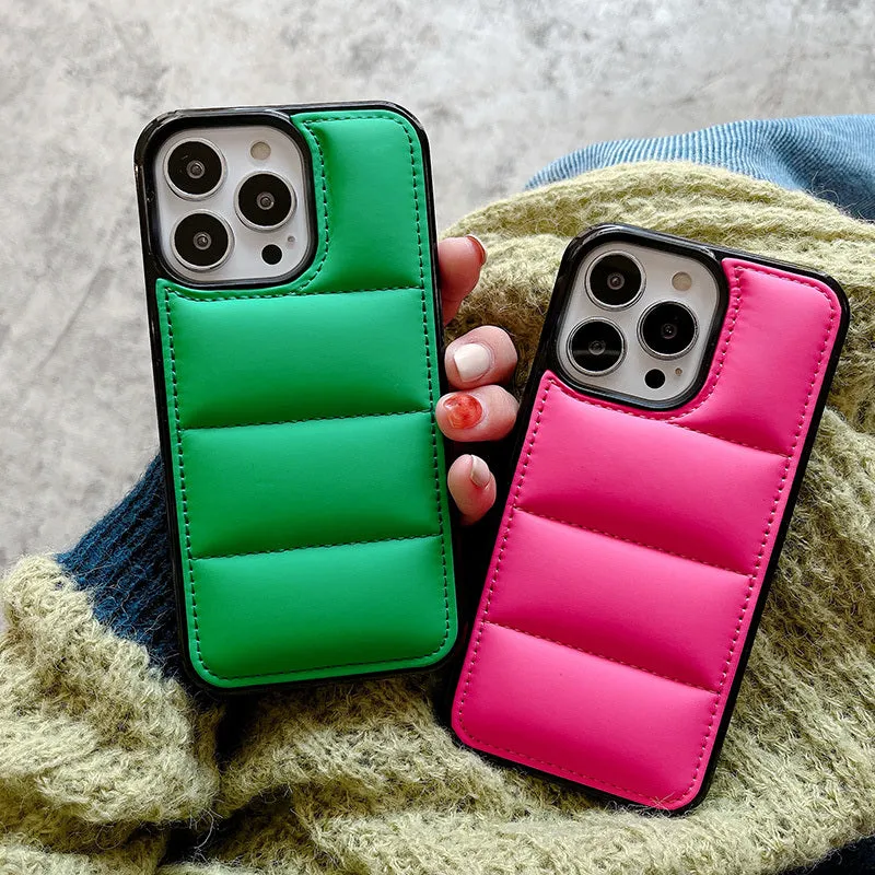 Candy Down Jacket shaped solid colour iPhone case in black, white, rose red, and green.