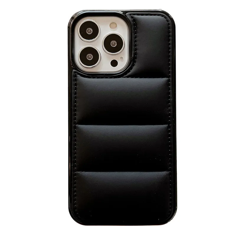 Candy Down Jacket shaped solid colour iPhone case in black, white, rose red, and green.
