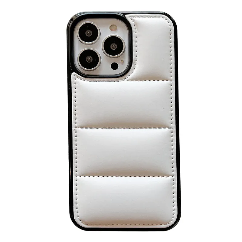 Candy Down Jacket shaped solid colour iPhone case in black, white, rose red, and green.