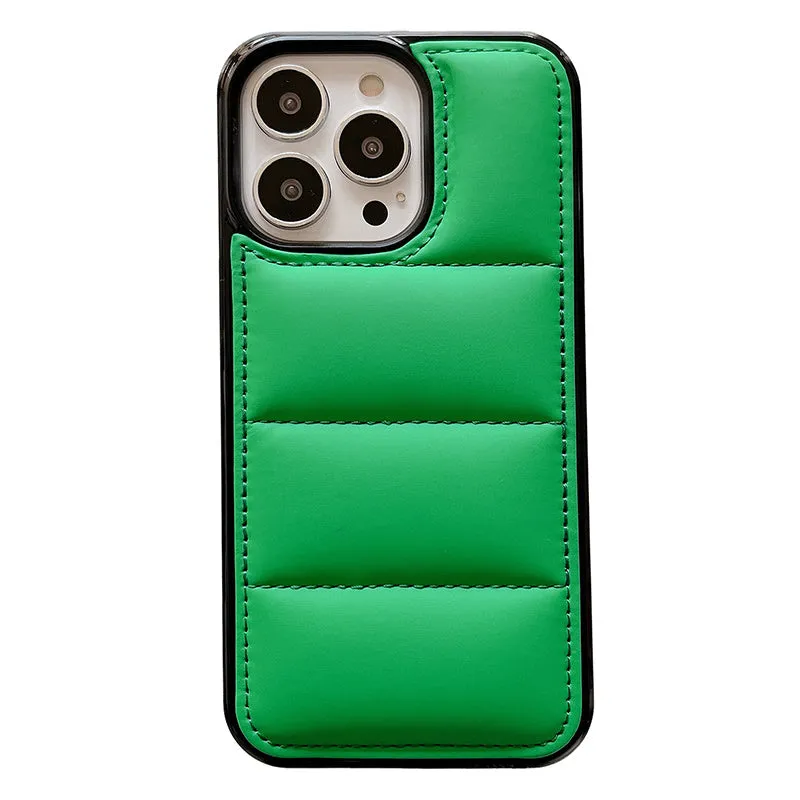 Candy Down Jacket shaped solid colour iPhone case in black, white, rose red, and green.