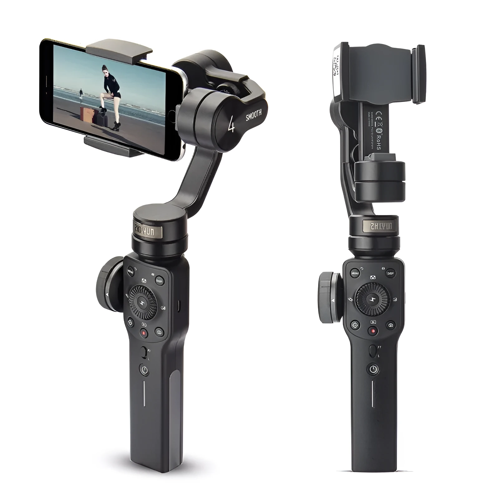Black ABS plastic handheld smartphone video stabiliser gimbal on a table.