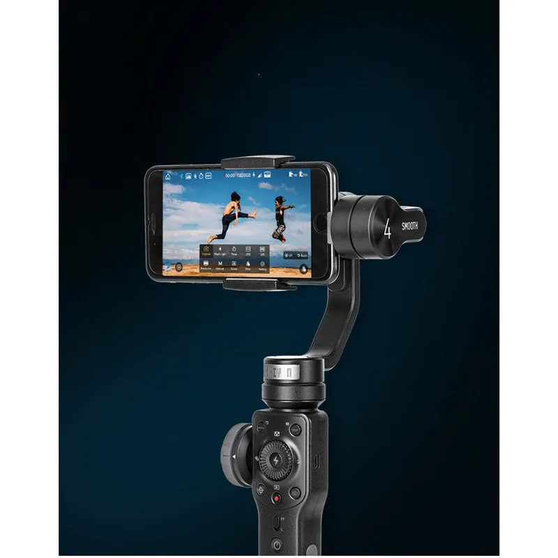 Black ABS plastic handheld smartphone video stabiliser gimbal on a table.