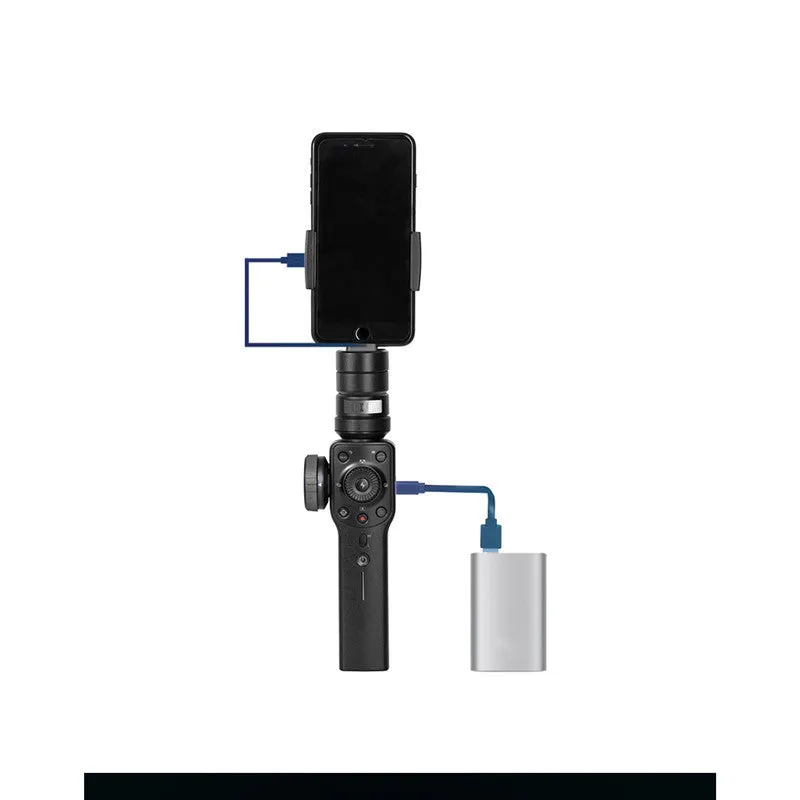 Black ABS plastic handheld smartphone video stabiliser gimbal on a table.