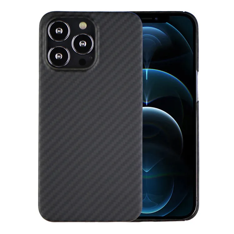 Dull black Kevlar fibre iPhone case with textured volcanic crater pattern and MagSafe magnetic rings
