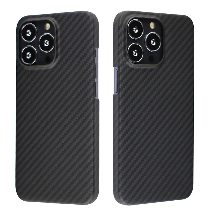 Dull black Kevlar fibre iPhone case with textured volcanic crater pattern and MagSafe magnetic rings